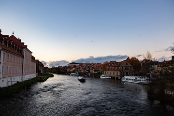 View on the Regnitz river and the classical landside of the town with its Franconian architecture in Bamberg.