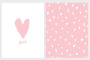 Cute Simple Baby Shower Vector Card and Pattern. Pink Hand Drawn Heart with Girl Text Below. White Background. White Little Hearts on a Pink Background. Lovely Irregular Pattern. Adorable Nursery Art.
