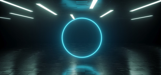 Empty Dark Huge Hall Room With Metal Reflective Detailed Floor And White Little Led Lights Glowing On Top Empty Space For Text Blue Neon Circle Light 3D Rendering