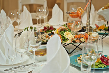 delicious dishes on the table in the restaurant. serving table.