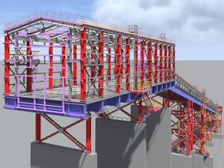 BIM model. 3D structure of building steel structures of industrial transportation gallery. Engineering, construction and industrial background. 3D rendering.