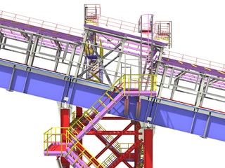 BIM model. 3D structure of building steel structures of industrial transportation gallery. Engineering, construction and industrial background. 3D rendering. Isolated.