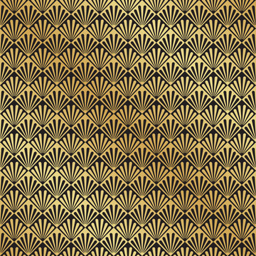 Seamless Art Deco black and gold leaf fan pattern background