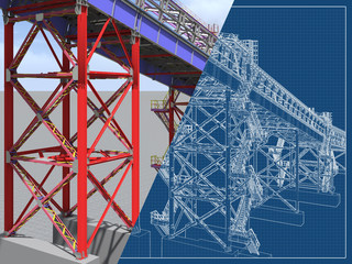 BIM model. 3D structure of building steel structures of industrial transportation gallery. Engineering, construction and industrial background. 3D rendering. Drawing blueprint.