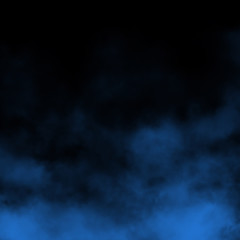 Blue fog and mist effect on black stage studio showcase room background.