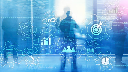 Business process automation concept. Gears and icons on abstract background.