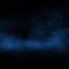 Blue fog and mist effect on black stage studio showcase room background.
