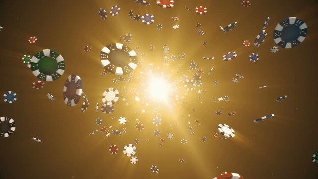 Flying casino chips in camera in slow motion with rays of light on a gold background, seamless loop animation