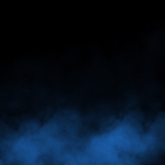 Blue fog and mist effect on black stage studio showcase room background.