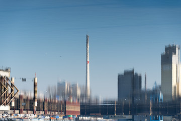 blurred, reflected, mirrored  harbor panorama of Bremen
