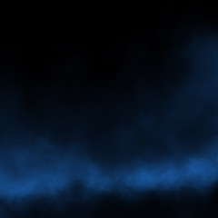 Blue fog and mist effect on black stage studio showcase room background.