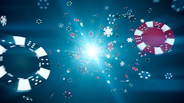 Flying casino chips in camera in slow motion with rays of light on a blue background, seamless loop animation