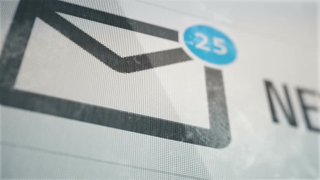 Abstract background with animation of email icon with counter of new messages on touch screen mobile gadget. Macro view of fingerprints on glass screen.