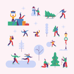 Vector winter season set including various Christmas holidays outdoor activities. People decorating xmas tree, a man carrying gift boxes, children playing snowballs, a couple skating, a kid making sno