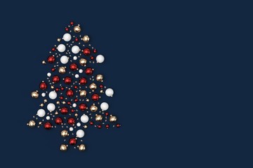 Minimal christmas background composition. Christmas tree with scattered red, gold, white decoration balls and stars on dark blue background. 3D rendering.