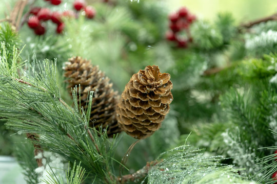 Christmas decorations, wreaths and balls, new year holiday