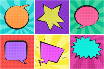 Bright retro comic speech bubbles collection on colorful dotted and striped backgrounds in pop art style. Cartoon blue, yellow, purple, red places for comics book, advertisement text, web design