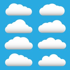 White cloud icon set. Fluffy clouds. Cloudy weather sign symbols. Flat design Web, app decoration element. Vector illustration
