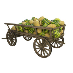 watermelon and melon in a wooden cart