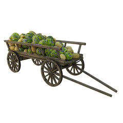 Fototapeta na wymiar watermelon and melon in a wooden cart