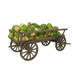watermelon and melon in a wooden cart