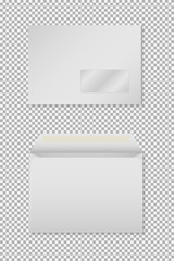 Vector mockup of white c6 paper empty envelope with window. Gray horizontal postage open and close cover template. 3d illustration for your corporate identity design. Back and front view