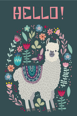 Hello, cute llama with flowers and lettering, template for card and your design. Hand drawing flat doodles