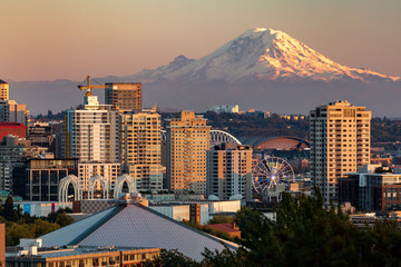 View of cityscape with Mount Rainier in background