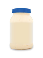 Realistic packaging mockup template. Mayonnnaise white sauce in glass jar with blue lid. Vector illustration.
