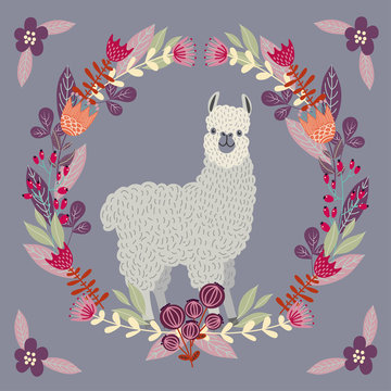 Cute llama with floral wreath in pastel color , template for card and your design. Hand drawing flat doodles vector