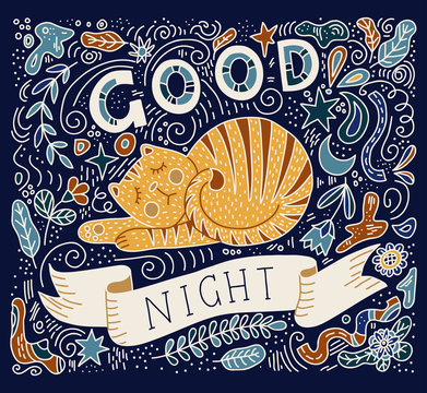 Colorful vector illustration of hand lettering text - good night. Sleeping cat