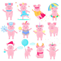 Cute piggy in different costumes. Superhero, Princess, Santa Claus. Funny animal. The symbol of the Chinese New Year. Pig cartoon character