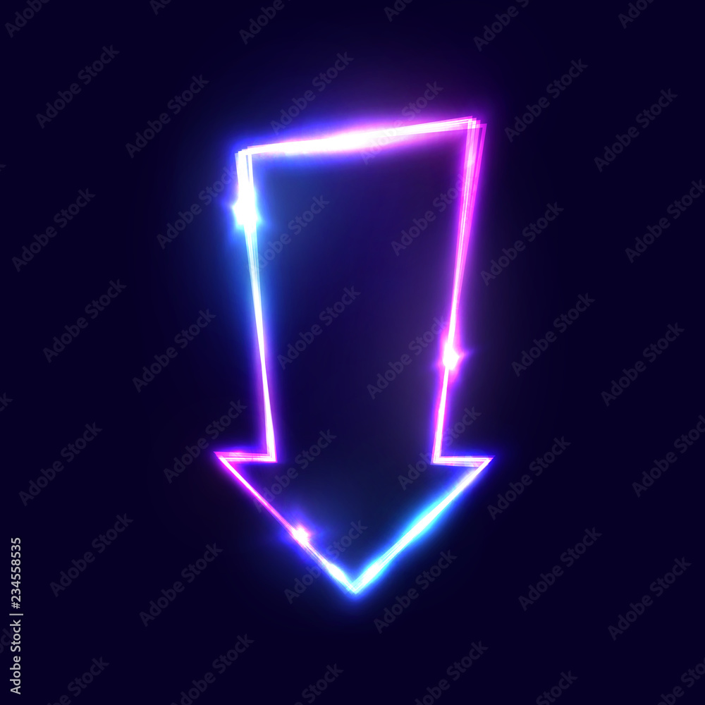 Wall mural arrow vector background. 3d abstract city move neon sign on dark blue backdrop. glowing road pointer