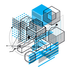 Isometric abstract background with lines and other different elements, vector abstract template. Composition of cubes, hexagons, squares, rectangles and different abstract elements.