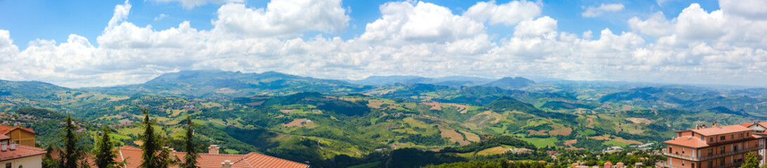 Fototapeta na wymiar Panaramic view from San Marino city to hills of San Marino.