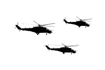 Illustration image of a three flying helicopters. Black drawing on white background.