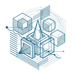 3d abstract vector isometric background. Layout of cubes, hexagons, squares, rectangles and different abstract elements.