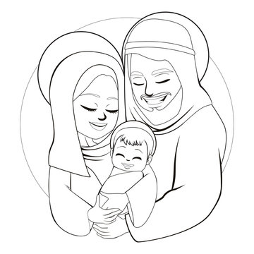 recommend clip art: Line art nativity family scene of baby born birth Joseph and Mary hugging little Jesus