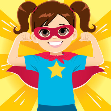 Happy Funny And Cute Little Super Hero Girl Flexing Arms Showing Strength