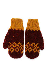 Reds with yellow handmade mittens on a white background. View from above.