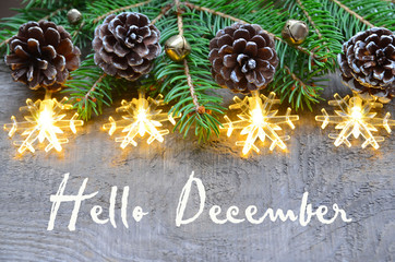 Hello December.Christmas decoration with fir tree,pine cones and garland lights on old wooden background.Winter holidays concept.Selective focus.