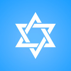 Stylized Star of David white color on blue background. Tanah Hexagram symbol of Israel judaism.