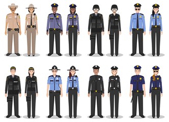 Police people concept. Set of different detailed illustration of SWAT officer, policeman, policewoman and sheriff in flat style on white background. Vector illustration.