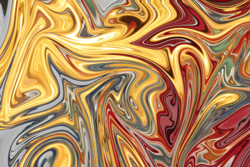 Liquify Abstract Pattern With Red, Yellow, Green And Grey Graphics Color Art Form. Digital Background With Liquifying Flow.