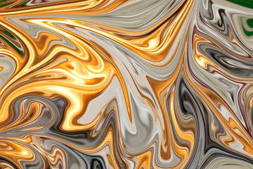 Liquify Abstract Pattern With Red, Yellow, Green, Black And Grey Graphics Color Art Form. Digital Background With Liquifying Flow.