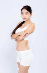 Obraz premium Portrait young asian woman smiling beautiful body diet with fit isolated on white background, model girl weight slim with cellulite or calories, health and wellness concept.