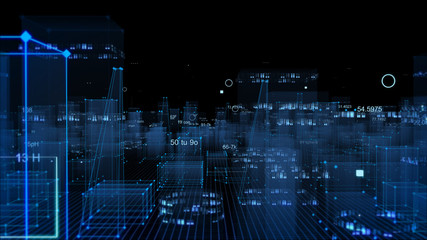 Technological digital background consisting of a futuristic city with data