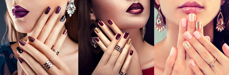 Beauty fashion model with different make-up and nail art design wearing jewelry. Set of manicure....