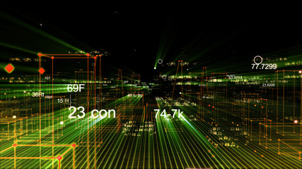 Technological digital background consisting of a futuristic city with data