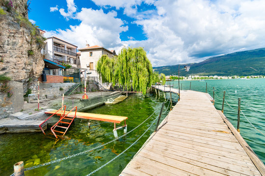 Coastal scene with wooden walkway from Ohrid and the Lake Ohrid, southeast of FYR Macedonia